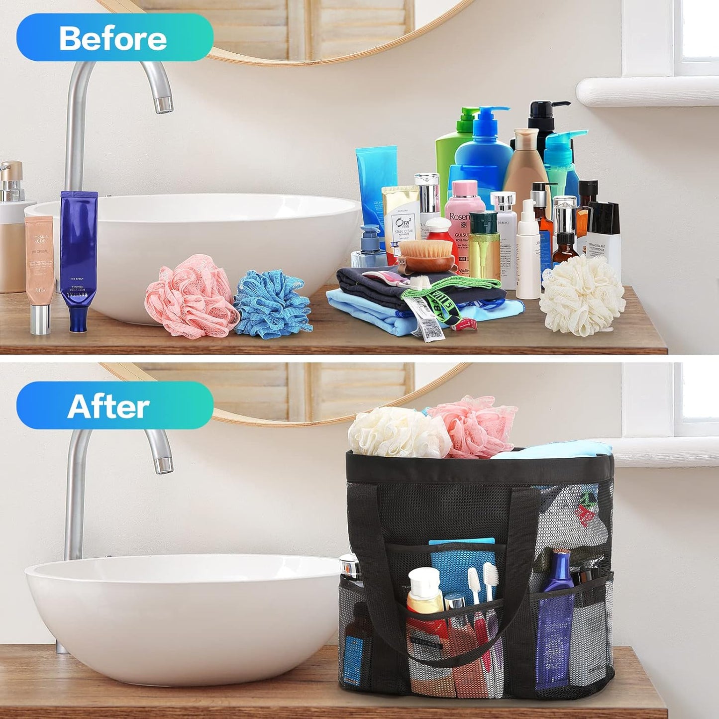 HAOGUAGUA Large Mesh Bathroom Shower Caddy, Mesh Beach Pool Bag, Portable Toiletry Tote Bag for College Dorm Bathroom Gym Swimming (Black)