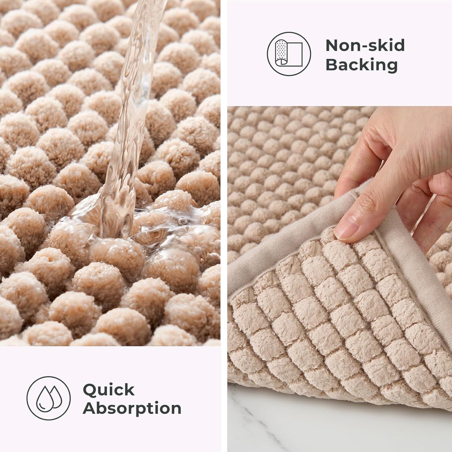 FRESHMINT Thick Chunky Chenille Bath Rugs 24"x36", Non Slip Bath Mat, Soft Bathroom Decor, Cute Shower Mat, Water Absorbent, Washable, Beige