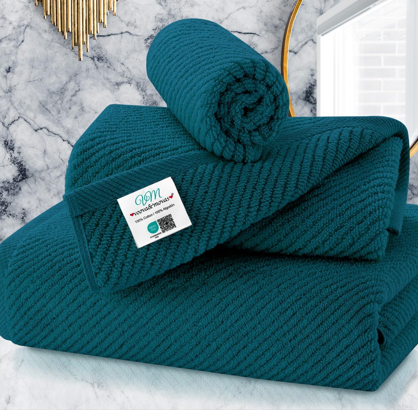 VOOVA & MOVAS Towels Set for Bathroom, 100% Cotton | Quick Dry | Soft | Thick, 3 Piece Towel Set, 1 Large Bath 30" x 56", 1 Hand 18" x 28", 1 Wash Cloth 13" x 13", Bathroom Essentials, Deep Turquoise