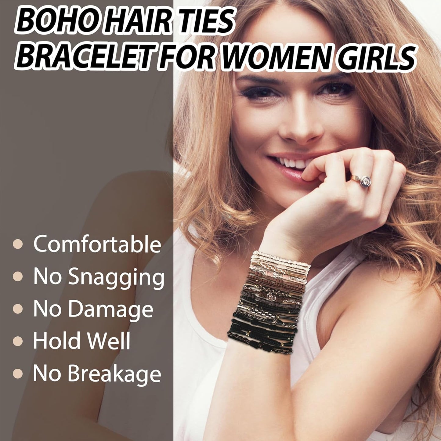 20 PCS Boho Ponytail Holders - 4 Neutral Colors, 5 Styles Hair Bands & Bracelets for Women's Thick or Thin Hair, No Damage