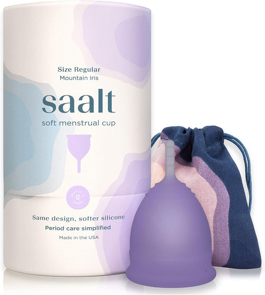 Saalt Soft Menstrual Cup – Reusable Period Cup – Made for Comfortable, Leak-Free Protection Up to 12 Hours – BPA & Latex Free – Includes Cup & Carry Bag (Regular, Mountain Iris)