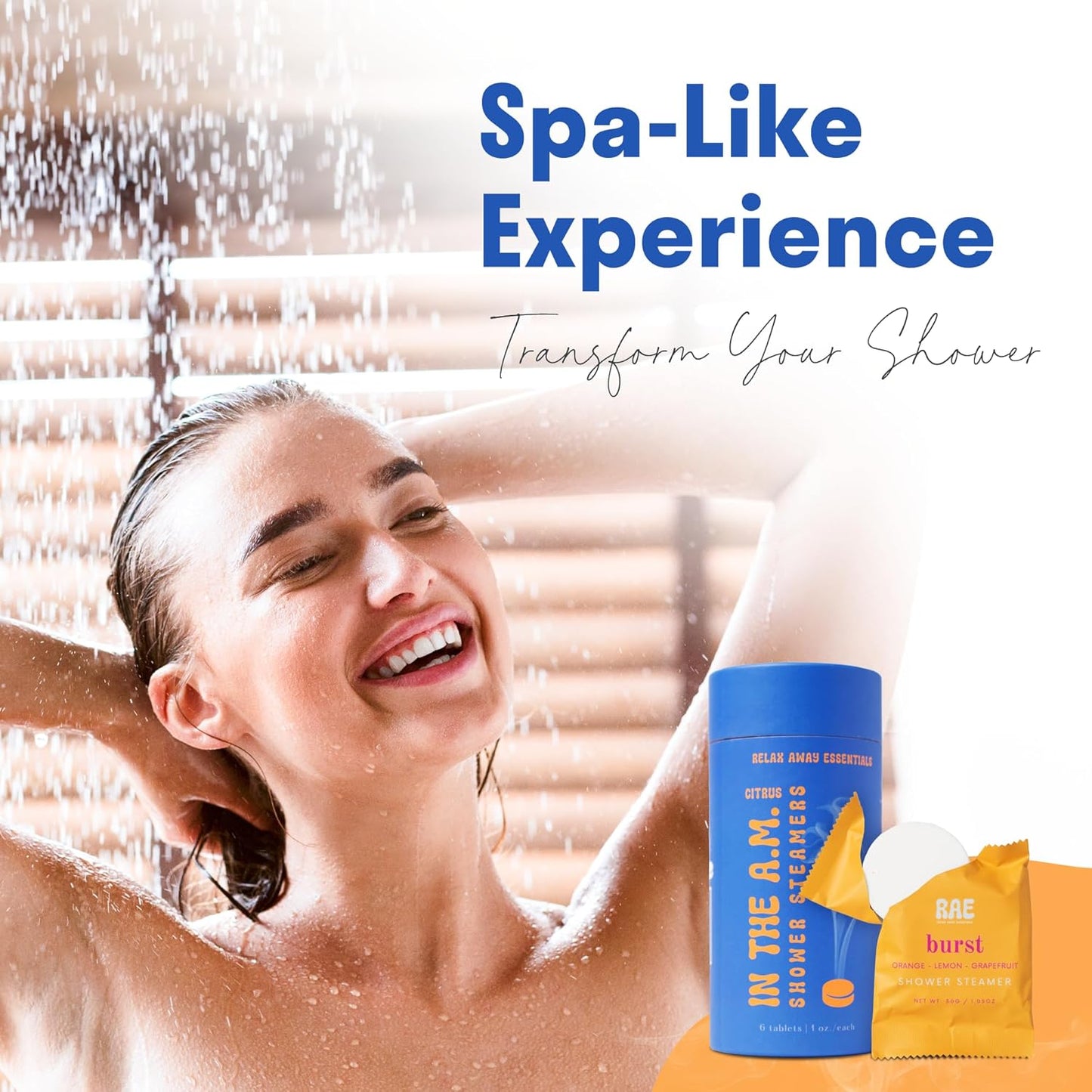 Relax Away in The A.M. Shower Steamers 6 Pack - Energizing Citrus Blends - Pure, Burst, Mist, Glow, Meadow, Spa - Uplifting & Rejuvenating - Essential Oil Aromatherapy - User-Friendly Set