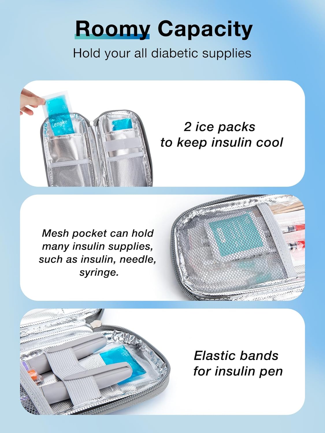 Leng Ke Insulin Cooler Travel Case - Portable Insulated Medication Bag for Insulin Pens & Blood Glucose Monitor Supplies, Diabetic Travel Case - TSA Approved (Grey)