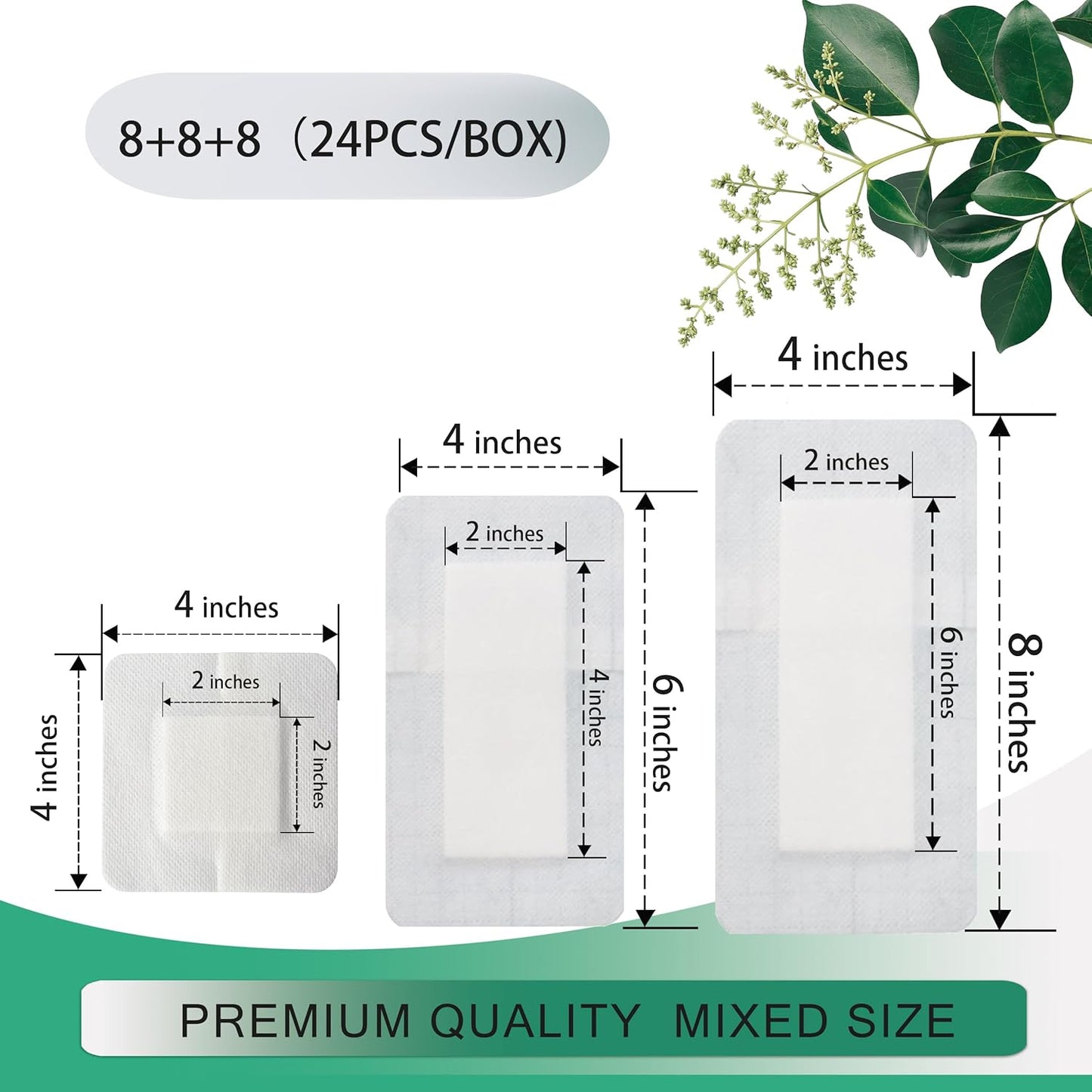 4X4, 4X6, 4X8 Inches Large Sterile Adhesive Island Wound Dressing Bandages - Non Woven Bordered Gauze Pads, Individually Pack, 8PCS for Each Size, Medical Grade by QICHUANG(468Mixed Size- C24)