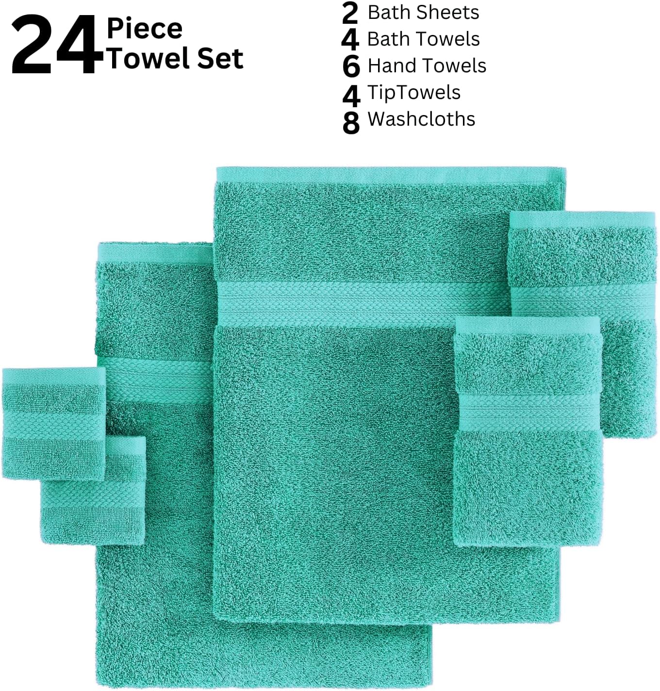 LANE LINEN 100% Mercerized Cotton Bathroom Towel Set - 24 Pcs - Quick Dry, Ring Spun, Soft & Absorbent - 2 Bath Sheets, 4 Fingertip, 4 Bath, 6 Hand Towels, 8 Washcloths - Sustainably Produced - Teal
