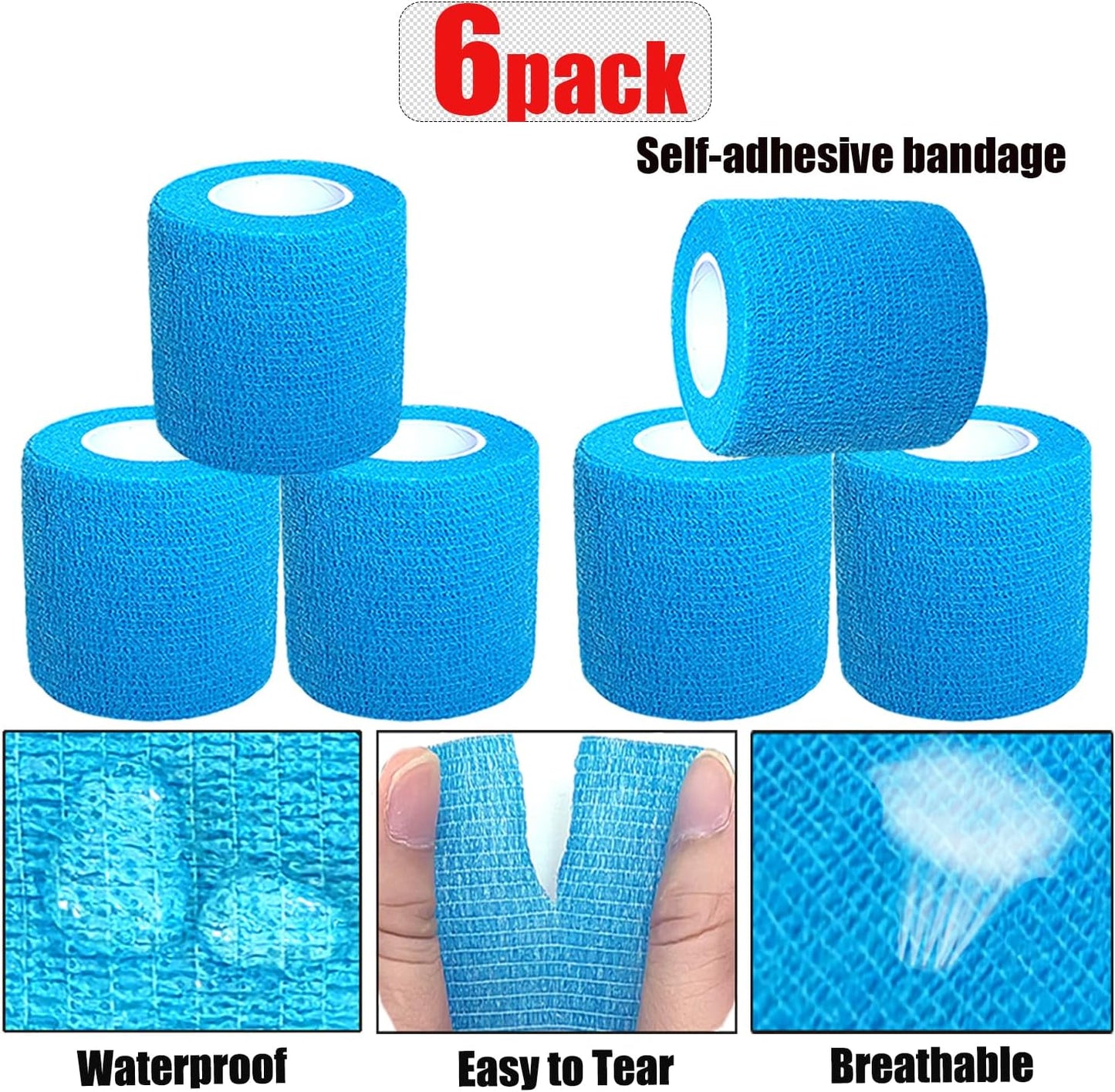 Hysiwen 6 Pack 2" x 5 Yards Self Adhesive Bandage Breathable Cohesive Wrap Self Adherent Vet Tape Self Stick Bandage Wrap for Sports, Athletic, Wrist, Ankle(Blue)
