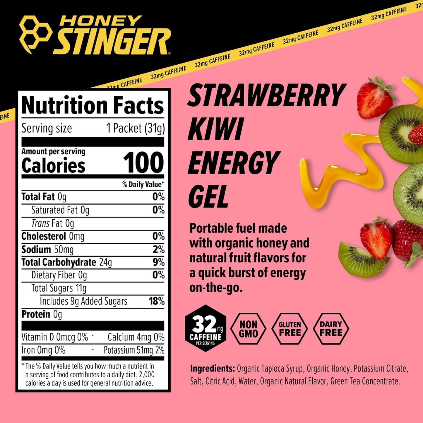 Honey Stinger Strawberry Kiwi Energy Gel, Caffeinated & Gluten Free with Organic Honey, for Exercise, Running and Performance, Sports Nutrition for Home & Gym, Pre and Mid Workout, 24 Pack