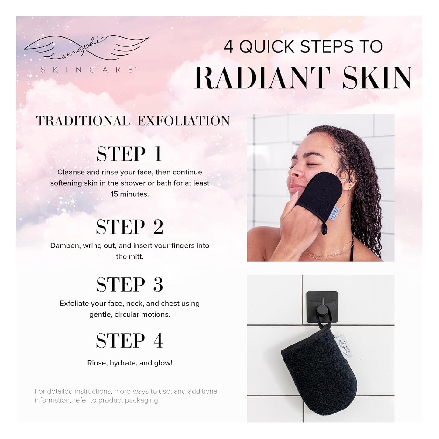 Seraphic Skincare Premium Exfoliating Facial Mitt 2 Pack – 100% Vegan Dual-Sided Face Mitten with Viscose & Washcloth – Facial Scrub Pad for Gentle Cleansing & Exfoliation – Natural Dead Skin Remover