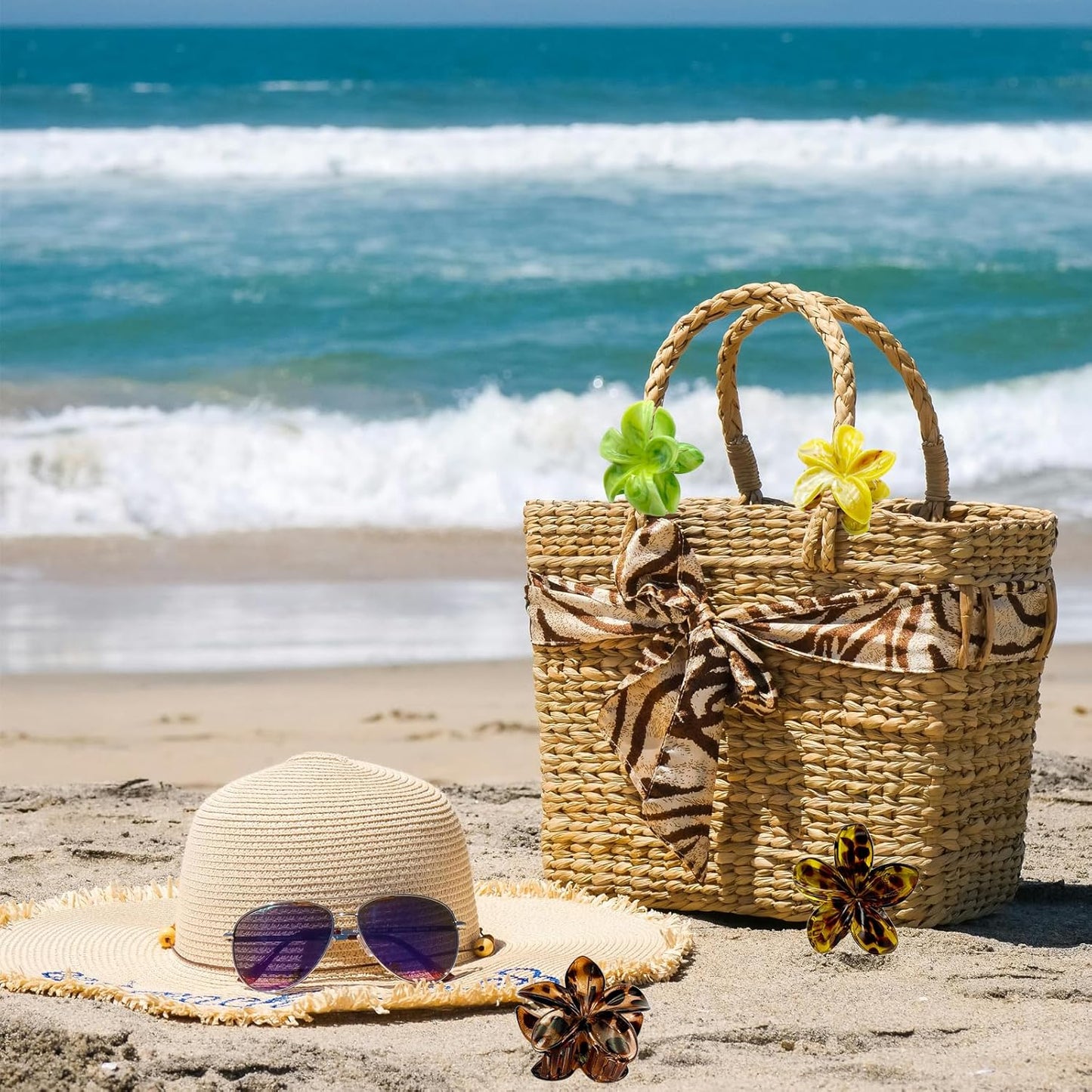 Flower Hair Claw Clips for Women, 4 Pack Hawaiian Flower Hair Clips, Plumeria Leopard-prints Claw Clips for Thick Thin Hair, Large Strong Hold Nonslip Hair Accessories for Women Girls (LP-4 Colors)