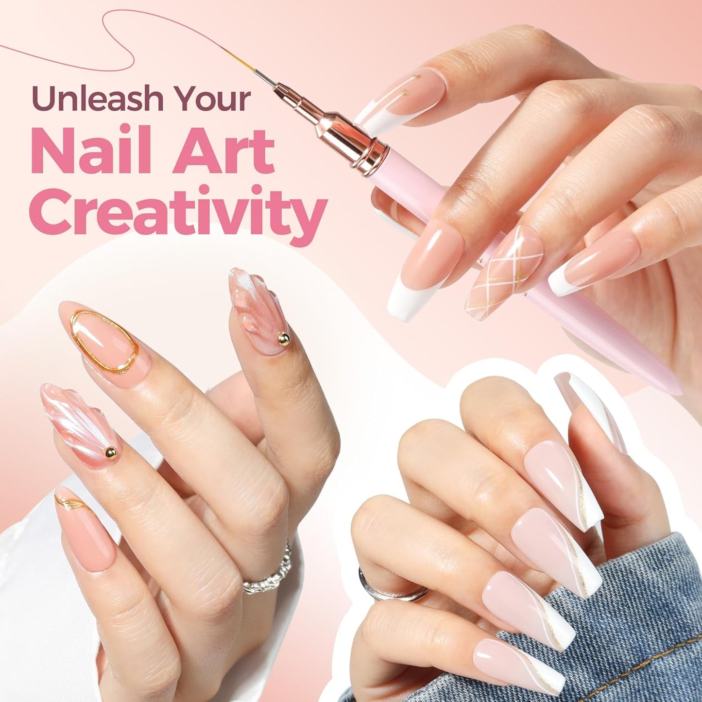 UNA GELLA Nail Art Brushes Metallic, 5 Count Liner Pens Set For Nail Art Gel Polish, Detail Nail Art Design Painting Brush Set For Nails Gel Fine Drawing Nail Tools, Sizes 7/9/11/15/25mm