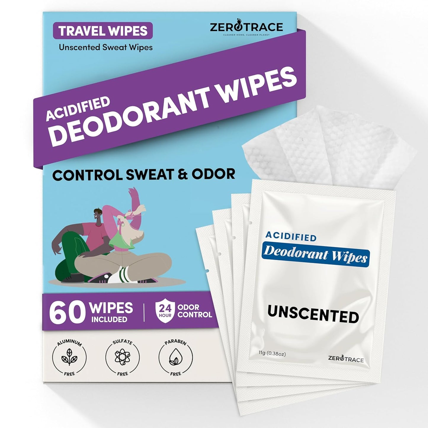 Zero Trace Travel Deodorant Wipes - 60 Count- 24 Hour Odor Control - Aluminum Free Hypoallergenic Deodorant For Women and Men - Individually Wrapped Underarm & Body Wipes - Uscented Bare Fresh