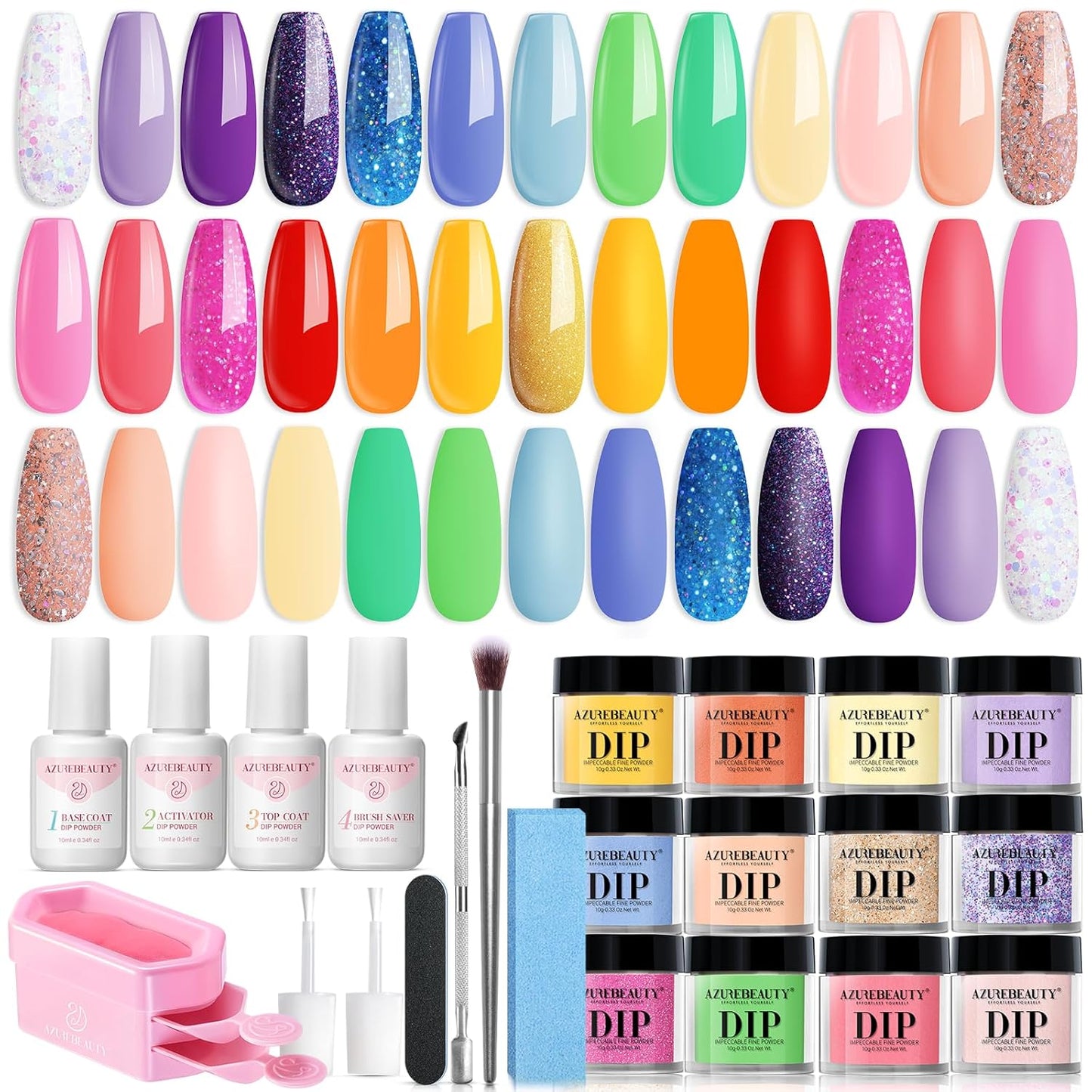 AZUREBEAUTY 31 Pcs Dip Powder Nail Kit Starter, Spring Summer 20 Colors Glitter Neon Pink Blue Green Dipping Powder Liquid Set with Top/Base Coat Activator for French Nail Art Manicure DIY Salon Gift