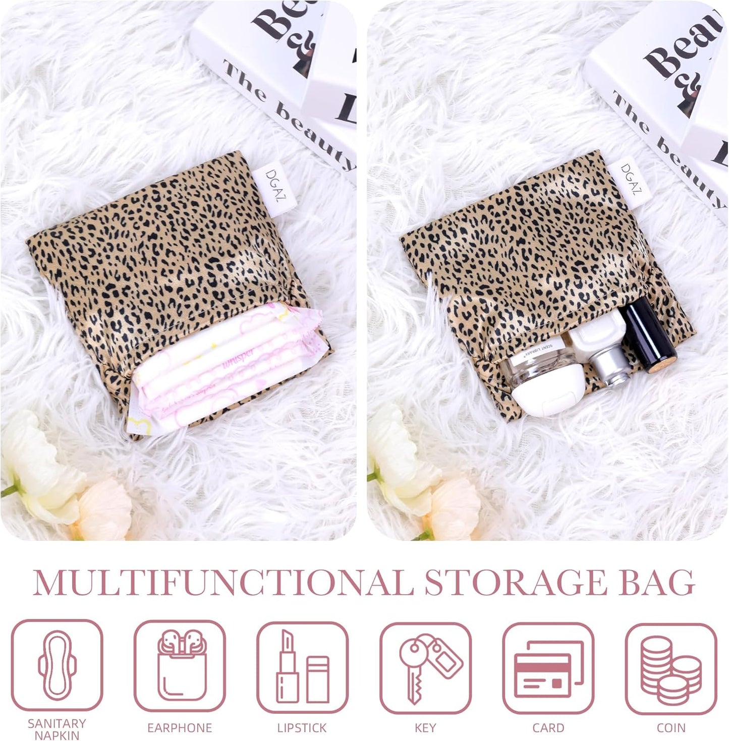 DGAZ Sanitary Napkin Storage Bag, Period Bag for Teen Aged Girls, Portable Period Bag for Panty Liners/Menstrual Cup/Small Tampons，Mini Makeup Bag for Purse(Leopard C)