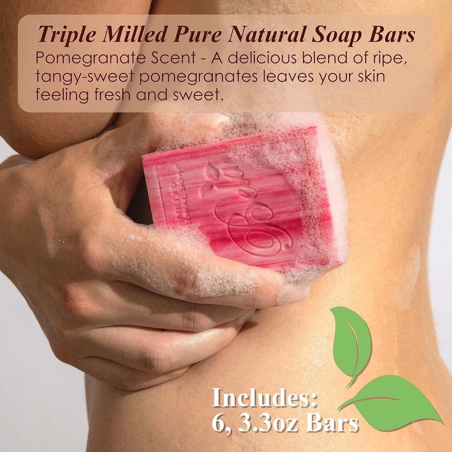 BELA Pomegranate Soap 3.3 OZ Pack of 6, Long Lasting French Triple Milled Bar Soap with Organic Shea Butter, Hand, Face and Body Wash Bar, Made in Australia