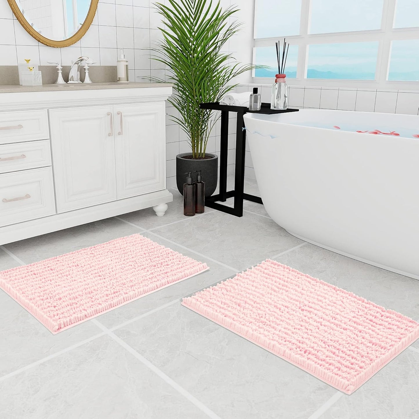 Walensee Bathroom Rug 2 Pieces Set Non Slip Bath Mat (20"x32" Plus 20"x32" Blush) Water Absorbent Super Soft Shaggy Chenille Machine Washable Dry Extra Thick Perfect Carpet for Shower Floor
