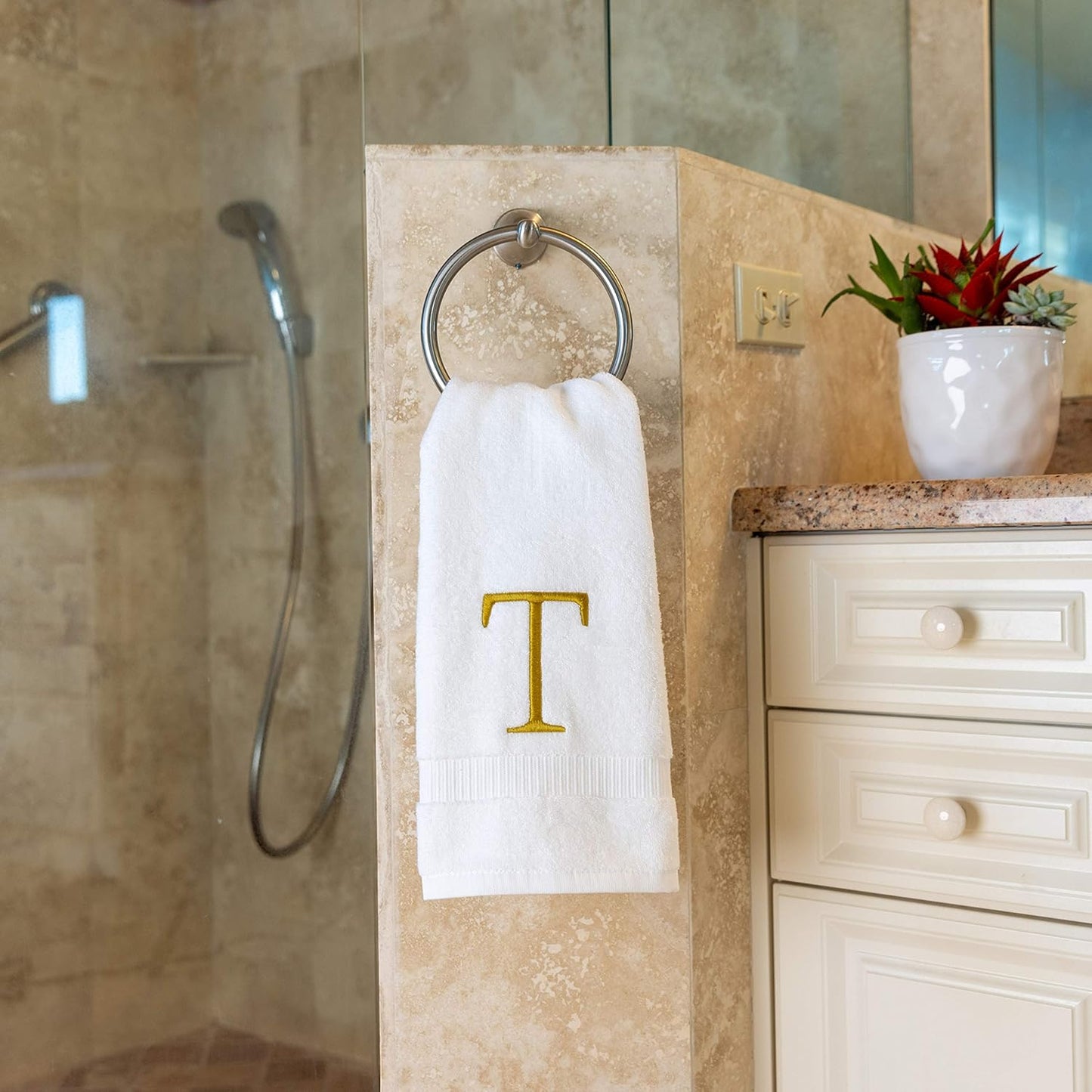 Monogrammed Hand Towels for Bathroom - Luxury Hotel Quality Personalized Initial Decorative Embroidered Bath Towel for Powder Room, Spa - GOTS Organic Certified - Set of 2 Gold Letter T