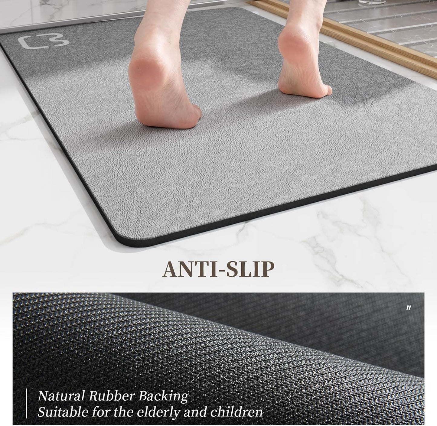 Grey Bath Mat 17" x 59" Extra Long Bathroom Mat Large Fast Dry Super Absorbent Non-Slip Rubber Backed Shower Mat Bath Rugs Mats for Bathroom Floor, Tub, Shower, Sink, Gray