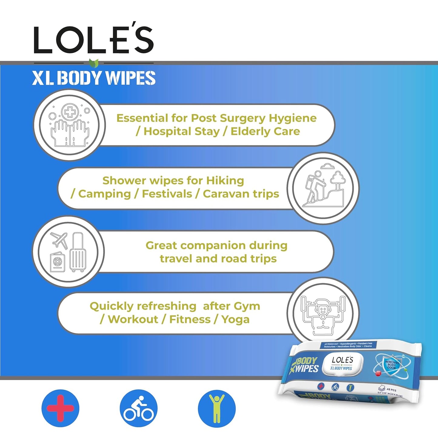 LOLE'S Body Wipes for Adults Bathing No Rinse XL – Bath Wipe for Adult - 96 Count - 2x48, Extra Large – Shower Wipes – Camping, Travel, Gym, Elderly Care, Women & Men – Fresh & Moisturizing