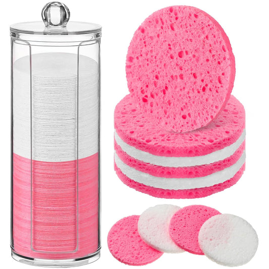 Sieral 120 Pcs Compressed Facial Sponges with Container Disposable Face Sponge Pads for Washing Face Cleansing Exfoliating Esthetician Makeup Removal(Round,White, Pink)