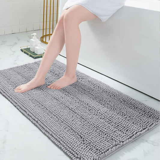 Grandaily Chenille Striped Bathroom Rugs 47x24, Extra Thick and Absorbent Bath Mats, Non-Slip Soft Plush Shaggy Shower Carpet, Machine Wash Dry, Bath Rug for Bathroom, Grey
