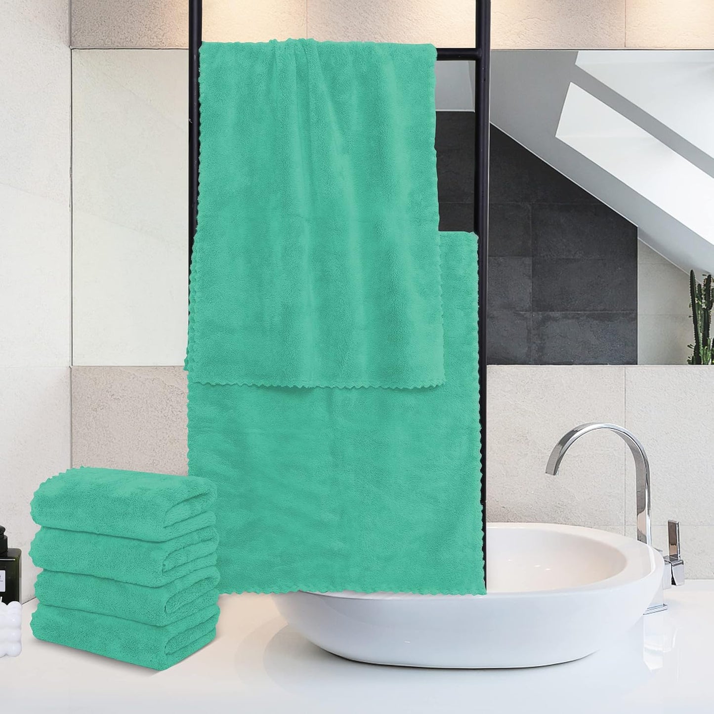 MOONQUEEN 6 Pack Premium Hand Towels - Quick Drying - Microfiber Coral Velvet Highly Absorbent Towels - Multipurpose Use as Hotel, Bathroom, Shower, Spa, Hand Towel 16 x 28 inches (Aqua Green)