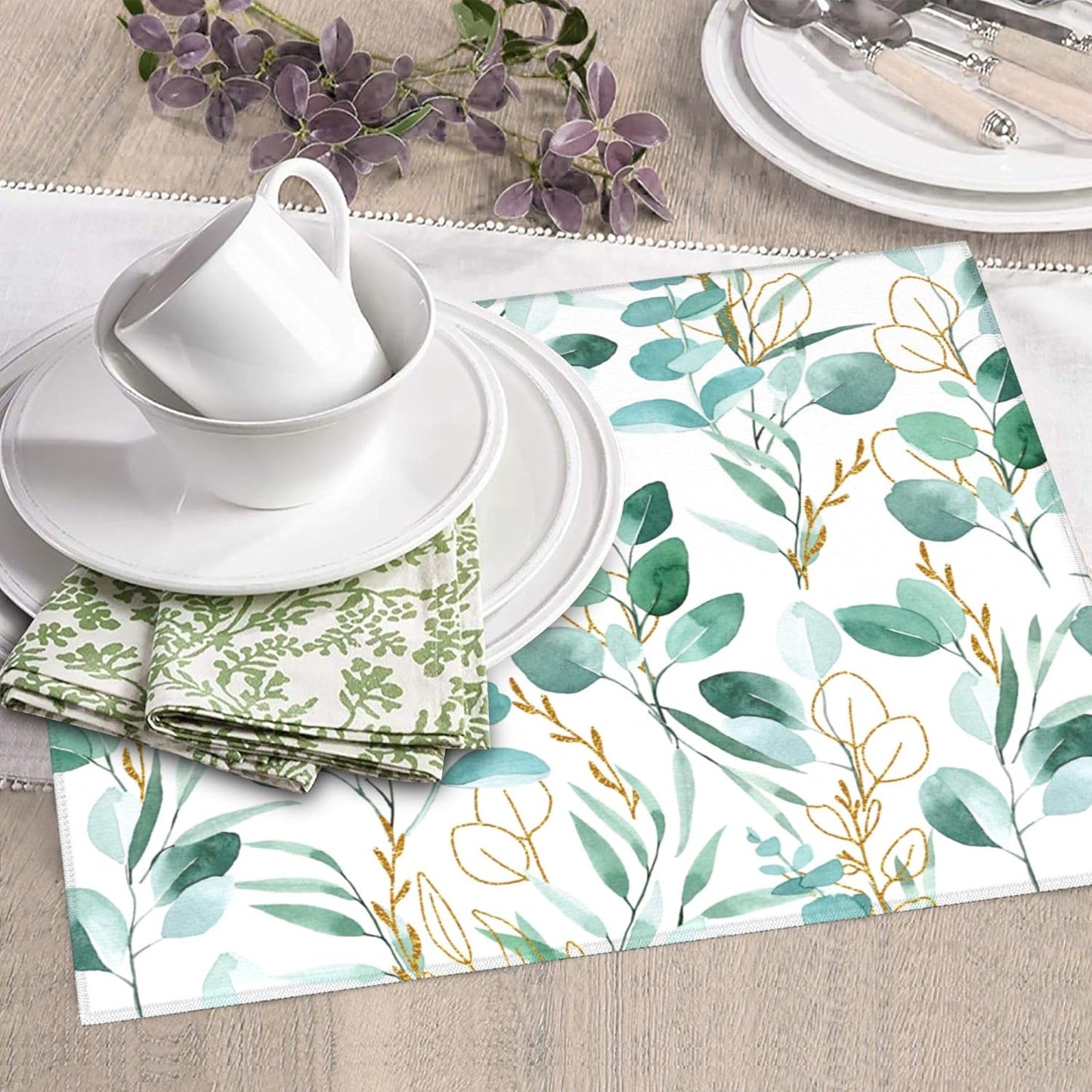 Sage Green Leaves Dish Drying Mat for Kitchen Counter Cute Botanical Dish Drainer Rack Mats 16"x18" Absorbent Reversible Drying Pad Spring Summer Kitchen Decor