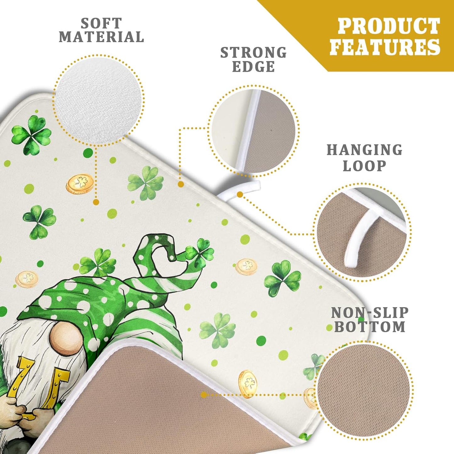 St Patrick's Day Gnome Dish Drying Mat 16x18 inch Lucky Shamrock Absorbent Reversible Dishes Drainer Rack Mat for Coffee Bar Kitchen Decor