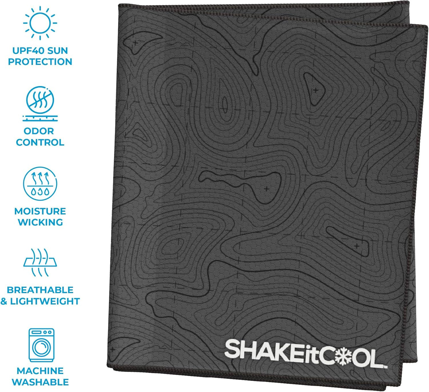 SHAKEitCOOL Extended Size Cooling Towel – Be Cool in Style - Heat Relief, Soft, Lightweight, Sun Protection, Easy Clean - Perfect for Biking, Hiking, Running, Yoga, Golf, Gardening - Black Topo M