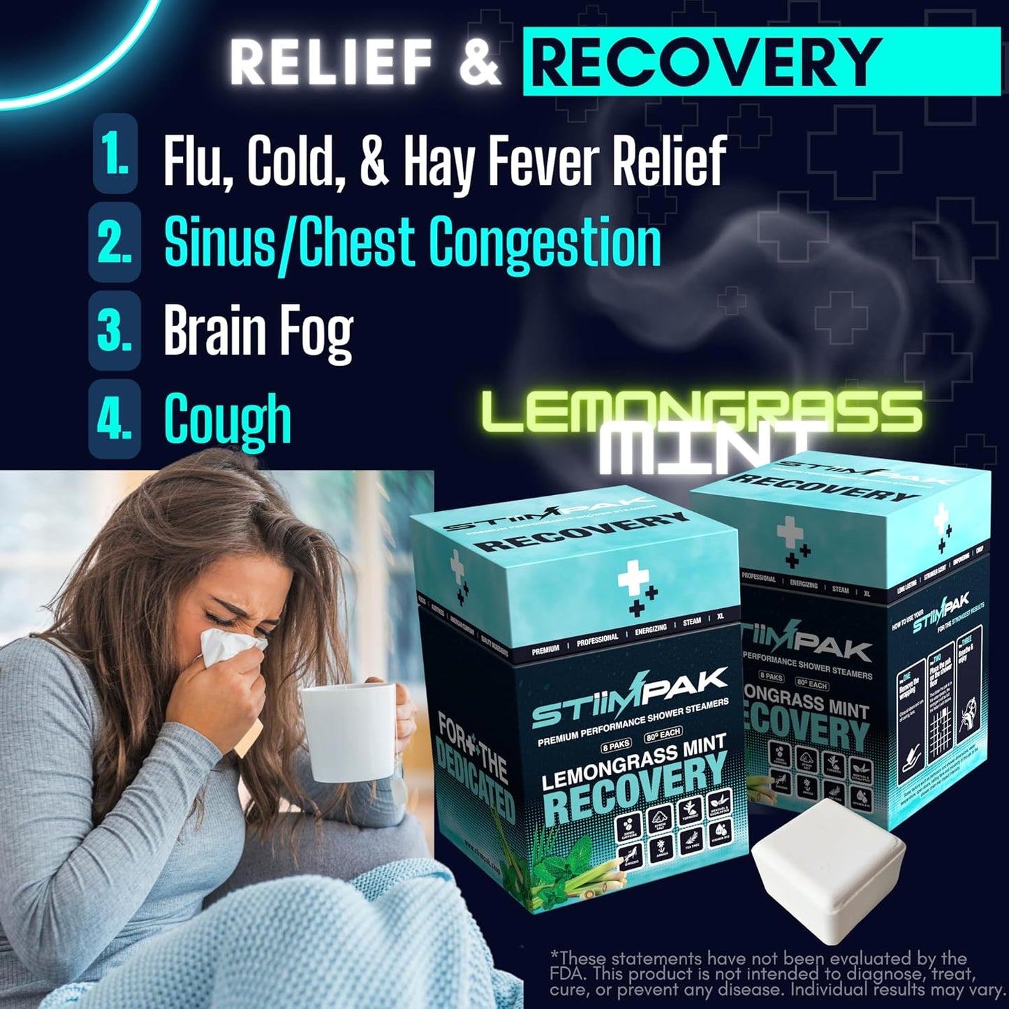 Shower Steamers | Recovery | XL 80g Post-Workout & Sinus Relief | Eucalyptus, Tea Tree, Turmeric, Arnica, Caffeine, Menthol | Maximum Strength Aromatherapy | Allergies, Cold & Flu (8 Pack)