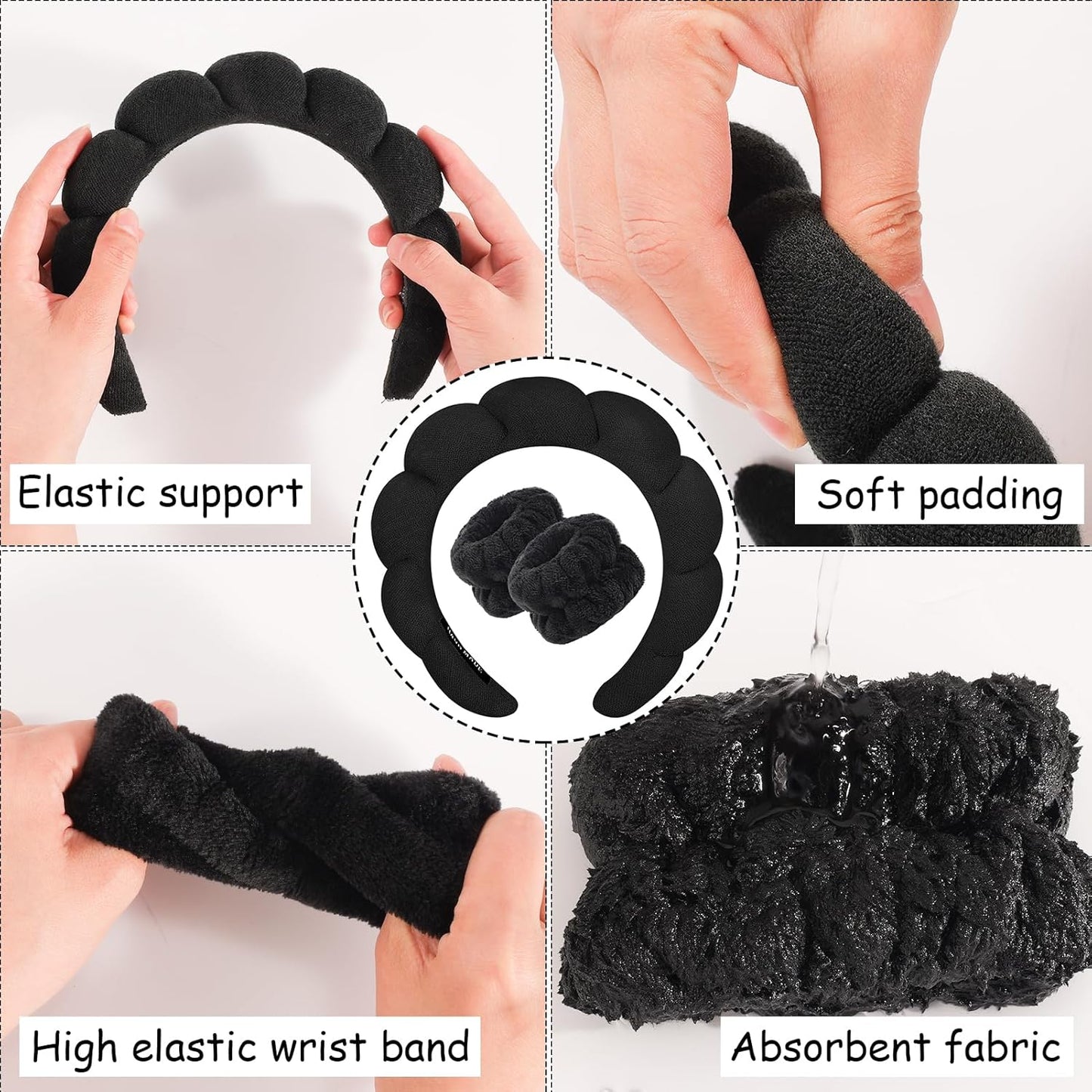 Zkptops Spa Headband for Washing Face Wristband Sponge Makeup Skincare Headband Terry Cloth Bubble Soft Get Ready Hairband for Women Girl Puffy Padded Headwear Non Slip Thick Hair Accessory(Black)