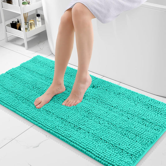 Grandaily Chenille Striped Bathroom Rugs 47x20, Extra Thick and Absorbent Bath Mats, Non-Slip Soft Plush Shaggy Shower Carpet, Machine Wash Dry, Bath Rug for Bathroom, Teal
