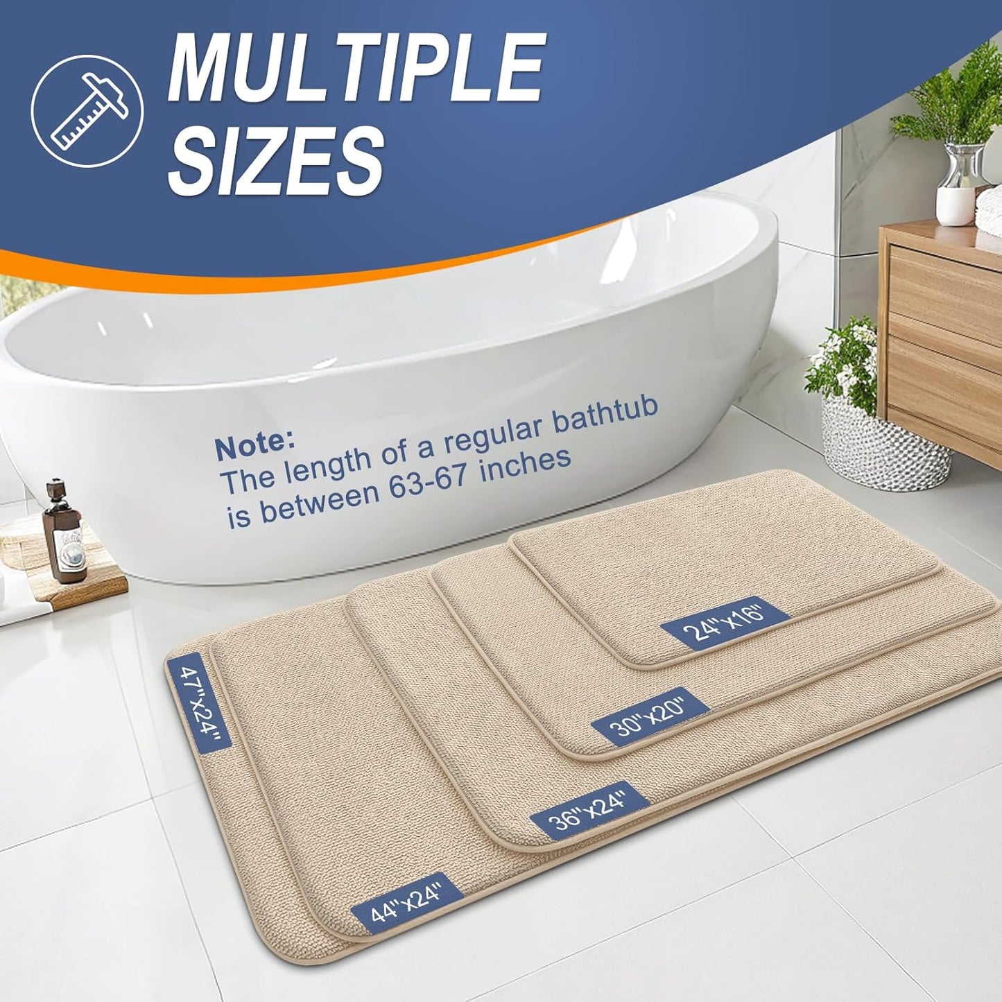 OLANLY Thick Memory Foam Bath Mat Rug 47x17, Extra Soft Absorbent Bathroom Rug, Quick Dry Bath Mats, Non-Slip, Machine Washable Carpet for Bathroom, Tub and Shower, Home Decor Accessories, Beige