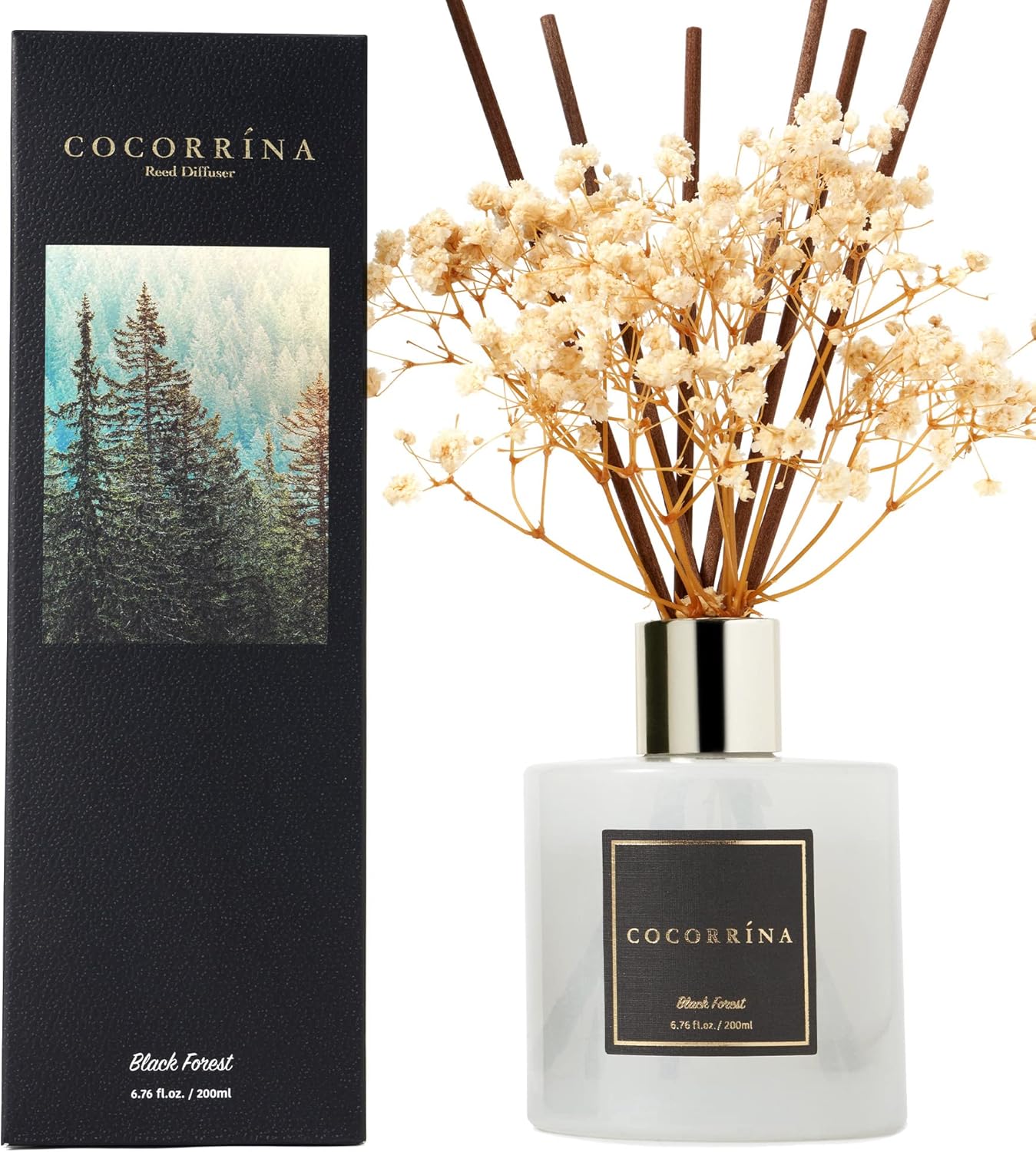 Cocorrína Reed Diffuser Sets, 6.7 fl oz. Black Forest Diffuser with Sticks Home Fragrance Reed Diffuser for Bathroom Shelf Decor