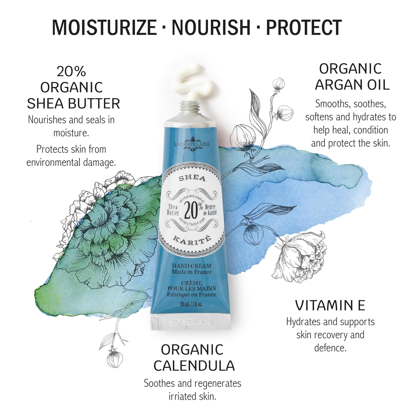 La Chatelaine 20% Shea Butter Hand Cream, Travel Size, Organic Argan Oil, Moisturizing, Nourishing, Extra-Rich Hand Lotion, Made in France, Paraben Free, 1 oz / 30ml (Shea)