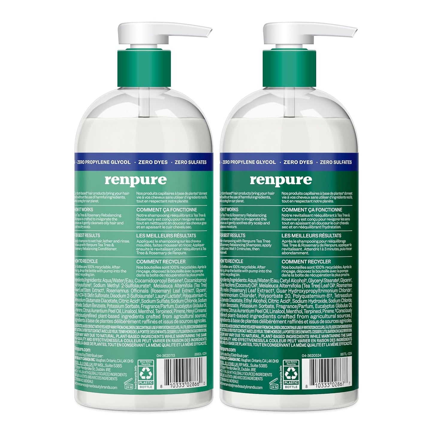Renpure Tea Tree & Rosemary Shampoo & Conditioner Set, Plant Based - Refreshes & Rebalances Hair and Scalp - For Oily/Normal Hair - Tea Tree Leaf Oil, Rosemary Leaf Extract - 24 Fl Oz each, 2 Pack