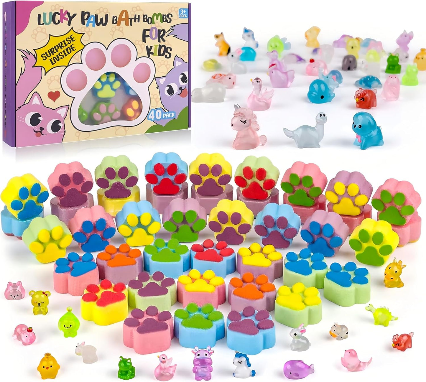 Bath Bombs for Kids With Surprise Inside, 40 Large Number Pack Paw Shape Gift Set, Natural Organic Bubble Bath Fizzy for Girls Boys With Bath Toys Inside
