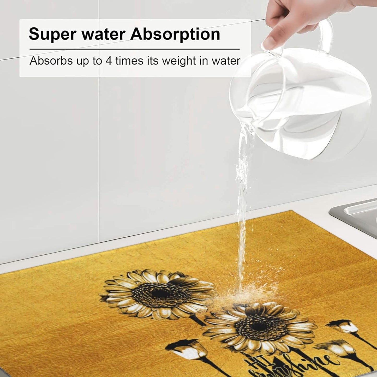 Sunflower Microfiber Dish Drying Mat for Kitchen Counter 18"x24" Black Gold Dishes Pad Dish Drainer Rack Mats Absorbent Washable Reusable