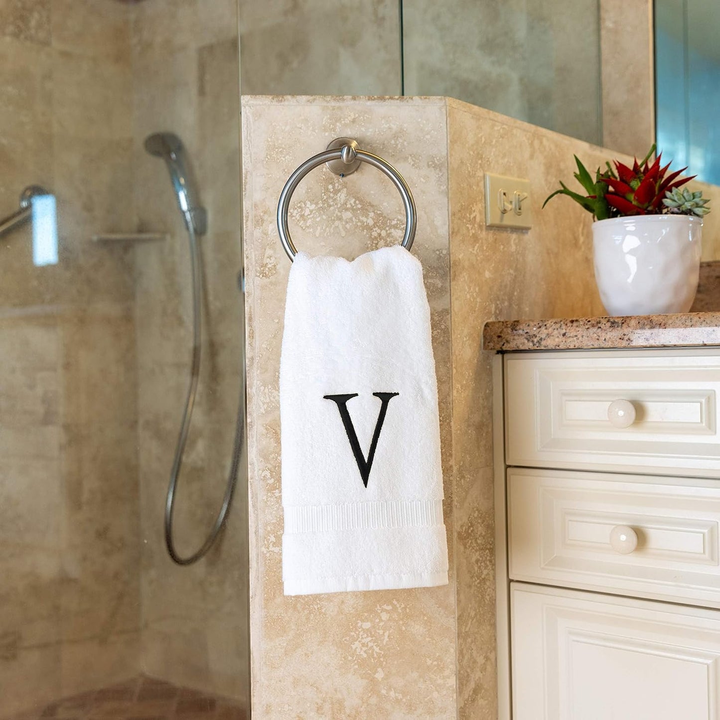 Black Initial Hand Towel for Bathroom - Monogrammed Luxury Hotel Quality Decorative Embroidered Towel for Powder Room, Spa - GOTS Organic Certified - Set of 2 Letter V