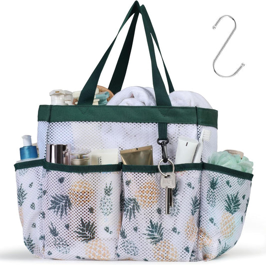 F-color Shower Caddy Portable - Mesh Shower Bag Basket Tote for College Dorm Room Essentials Bathroom Gym Camp Quick Dry for Women Men with S Hook, Green Pineapple