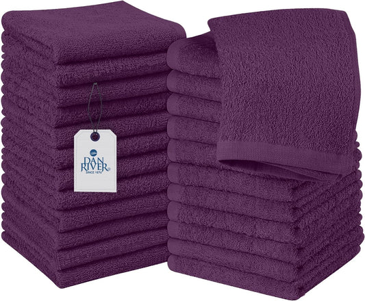 DAN RIVER 100% Cotton Wash Cloths 24 Pack [12x12] Soft & Absorbent Body wash Cloths, Gym, Hotels & Spa Perfect for Everyday Use Fingertip Towels, Purple Passion
