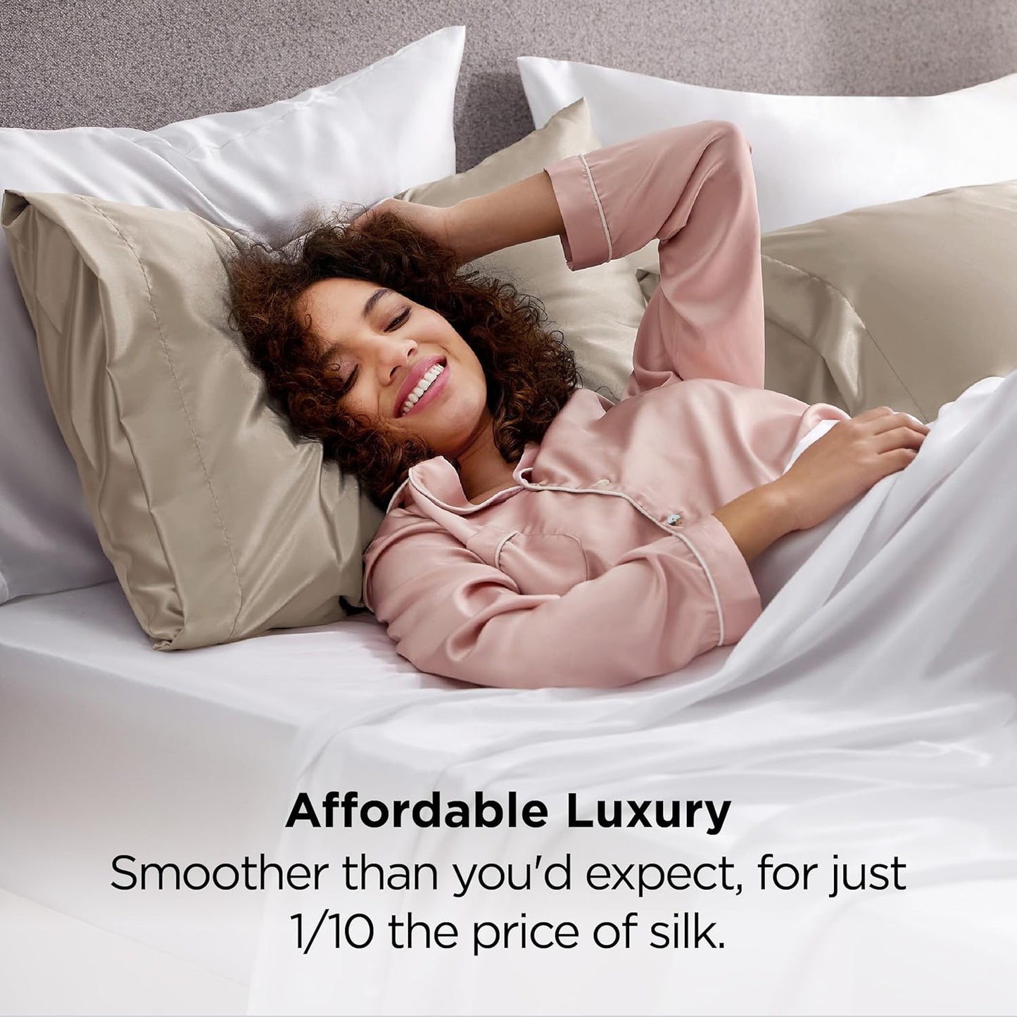 Bedsure Satin Pillowcases, Similar to Silk Pillow Cases Queen Size Set of 2, Pillow Case for Sleeping Women with Envelope Closure, Gifts for Women Men, Khaki, 20x30 Inches, 2pcs