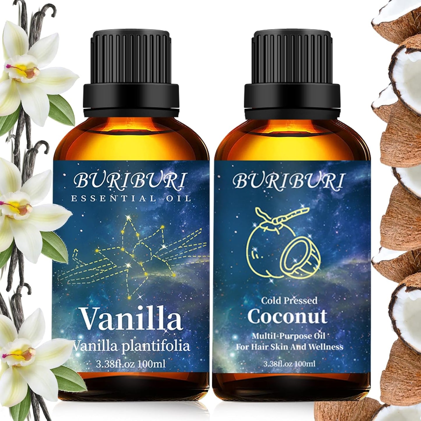 BURIBURI Pure Vanilla Essential Oil and Coconut Oil 100ml Organic Aromatherapy Oils 3.38 fl.oz Coconut Essential Oil for Diffuser Humidifier