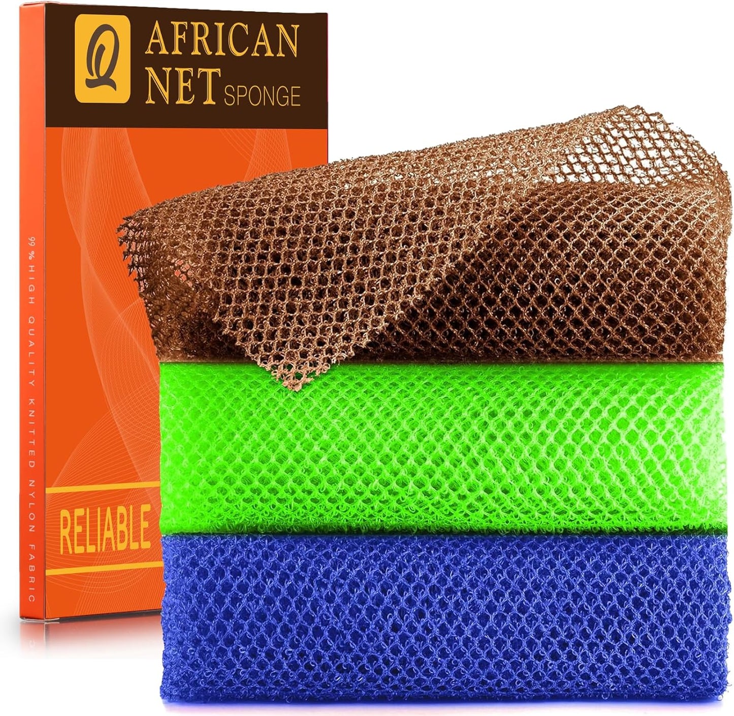 UJFQBH 3 Pieces African Bath Sponge African Net Long Net Bath Sponge Exfoliating Shower Body Scrubber Back Scrubber Skin Smoother,Great for Daily Use (Brown、Blue、Green)
