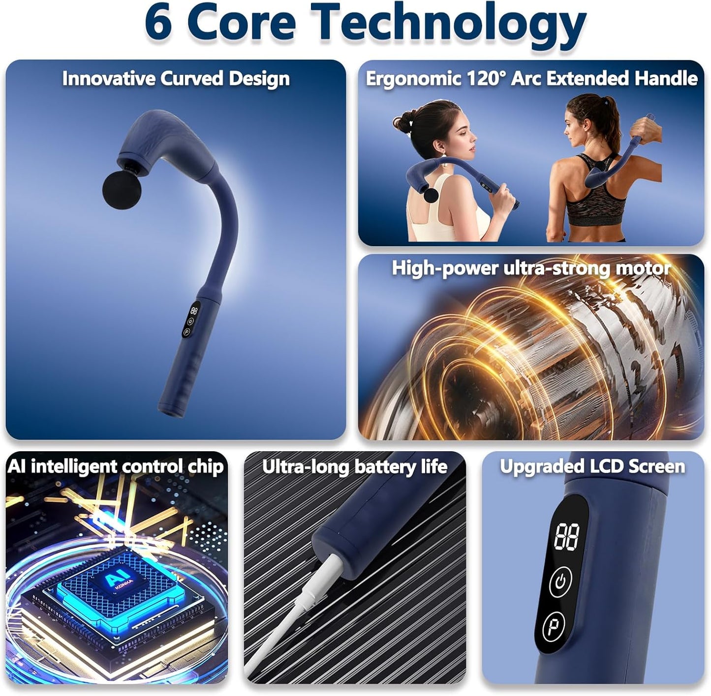 Massage Gun with Upgraded Extension Handle, Back Massager for Pain Relief Deep Tissue, Muscles/Neck/Shoulders/Waist/Legs Massager with 4 Massage Heads & 6 Speed Levels & 3 Massage Modes, Blue