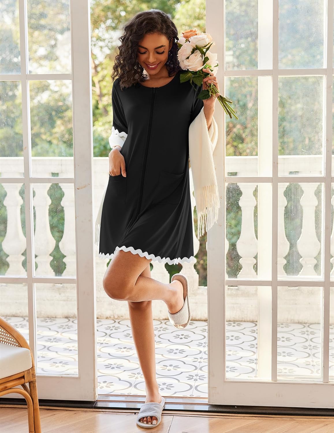 Ekouaer Women Zip Up Robe Lightweight Housecoats with Pockets Knee Length Short Bathrobes Soft Nightgown S-3XL