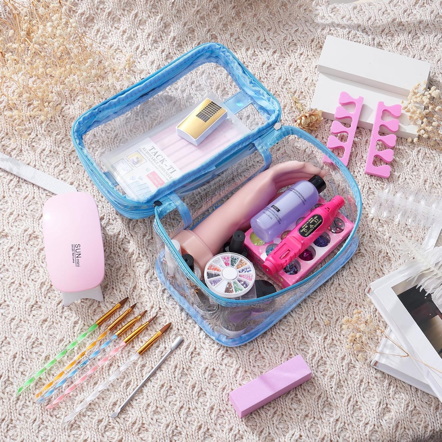 Nail Kit for Beginners with Everything: Practice Nail Hand Acrylic Nail Powder Liquid Set with U V Lamp Drill in Gift Bag for Home Salon(Blue Bag)