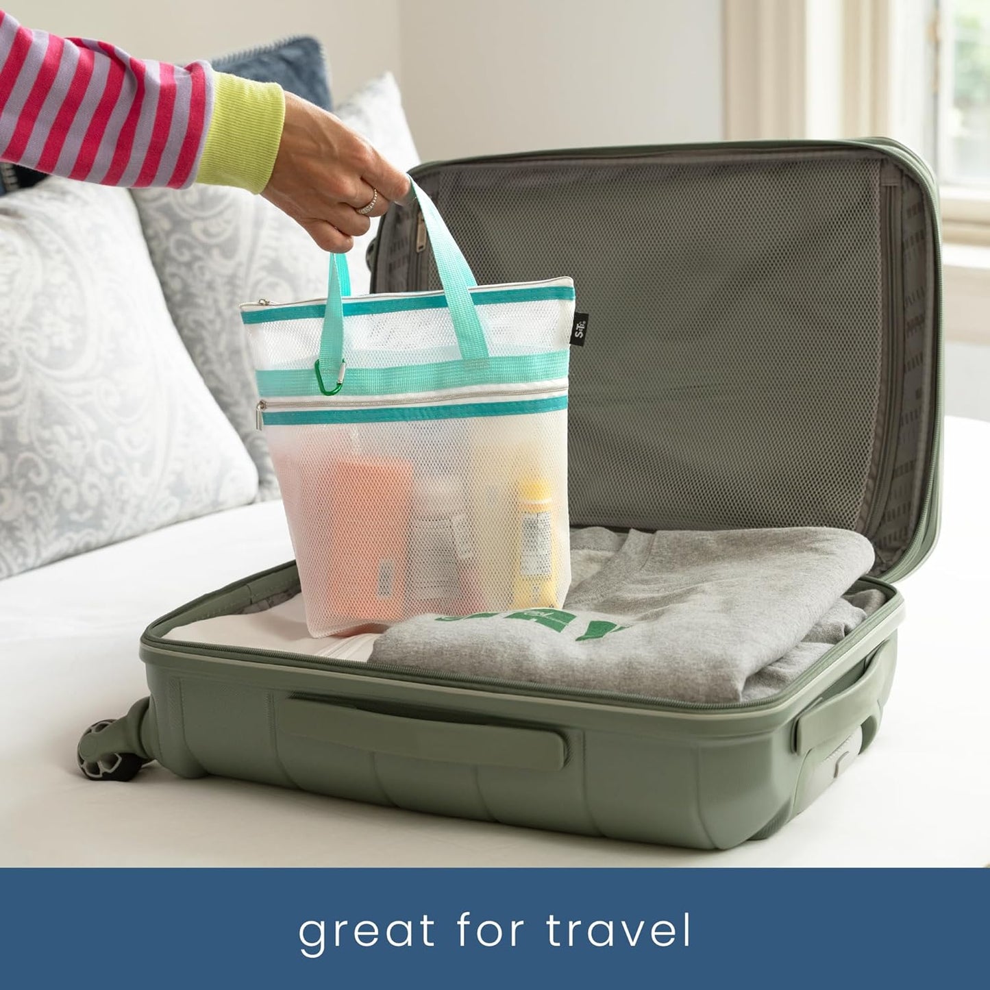 S&T INC. Mesh Shower Caddy, Shower Bag for Dorm Room Essentials, Gym Bag, Camping and More, Two Zippered Pockets, White and Teal, 10 Inches x 10 Inches