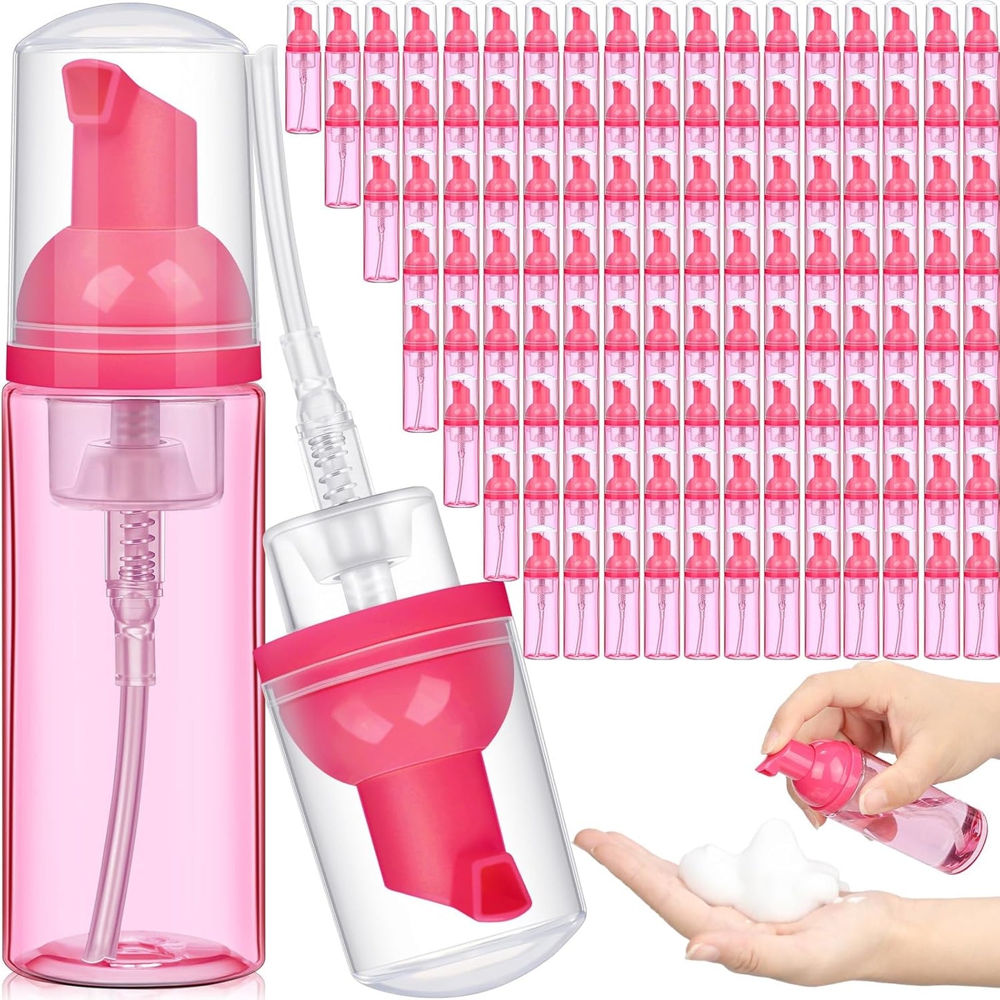 Dandat 120 Pcs 2 oz Plastic Foam Soap Dispensers Bulk Refillable Foaming Pump Bottle Empty Mini Shampoo Lash Cleaning Bottles for Travel Cosmetics Hand Soap(Pink)