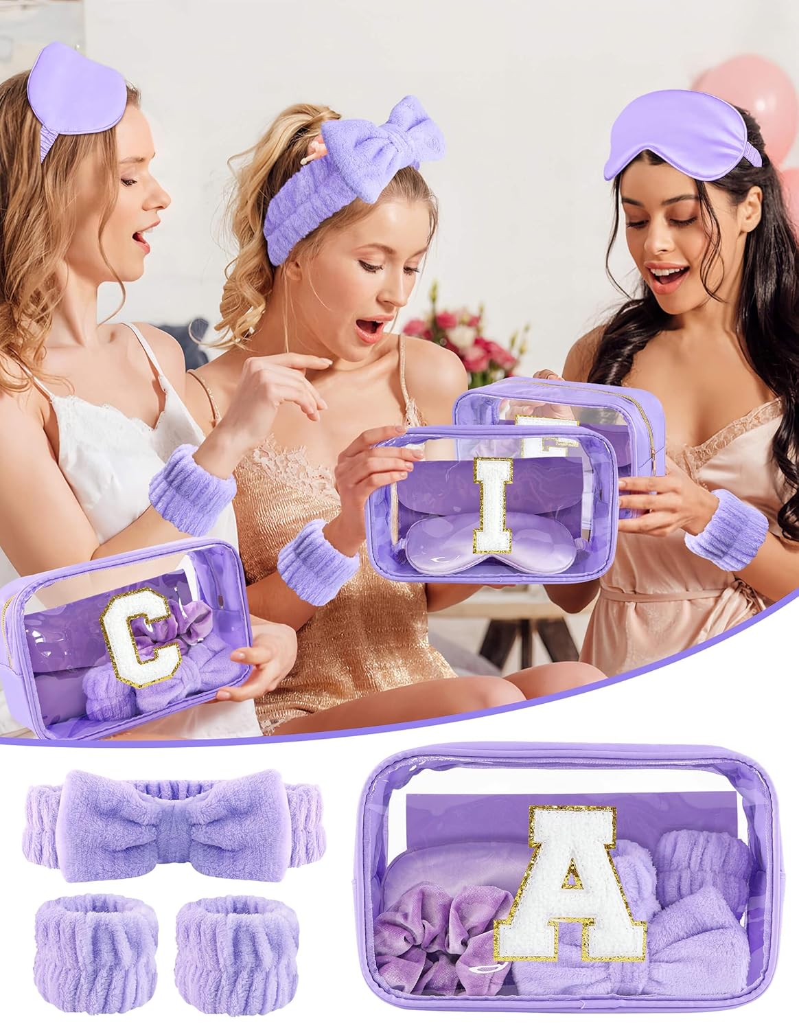 Gift Sets for Women, Initial Makeup Bag with Makeup Brush Set Bachelorette Party Favors, Purple Spa Kit with Skincare Headbands Wrist Bands Sleepover Party Supplies Gifts for Teen Girls Bridesmaid A