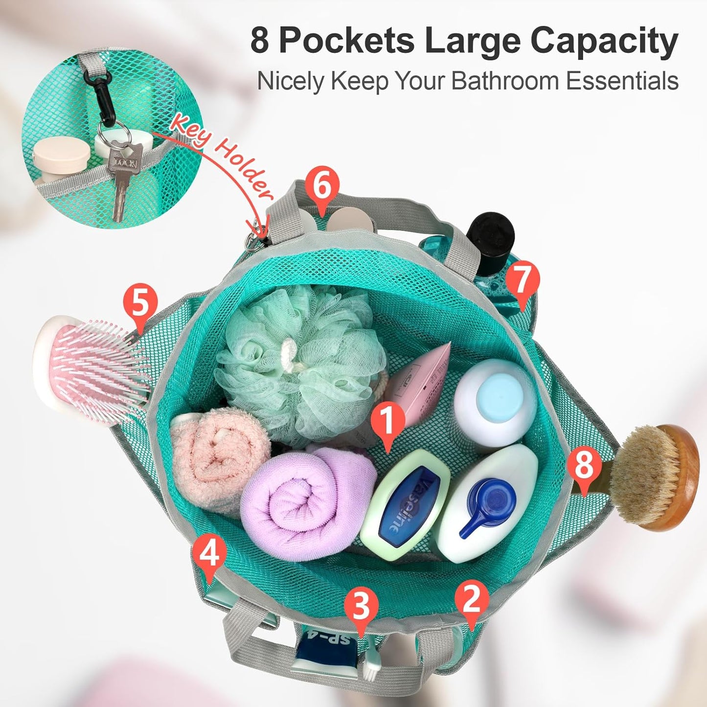 F-color Mesh Shower Caddy Portable with Drawstring - Upgrade Deeper 7 Pockets Dorm Room Essentials for Guys Girls with S Hook, Shower Bag Basket Tote for College Camping Bathroom, 2 Pack Mint Green